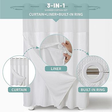 Great Ambitions No Hook Weave Shower Curtain with snap-in Liner Replacement,Through Mesh Top Window