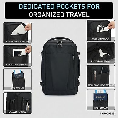 AKSZRI 18x14x8 Personal Item Backpack with 13 Pockets, Charging Port & Water-Resist