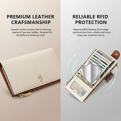 AKSZRI RFID Leather Bifold Wallet for Women - Spacious & Slim with Zipper Pocket