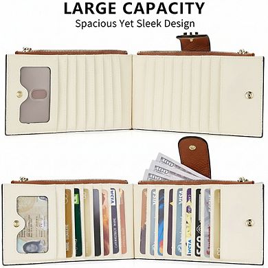 AKSZRI RFID Leather Bifold Wallet for Women - Spacious & Slim with Zipper Pocket