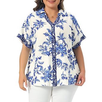 Women's Plus Size Shirts Button Collared V Neck Roll Short Sleeve Floral Print Elegant Summer Tops