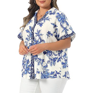 Women's Plus Size Shirts Button Collared V Neck Roll Short Sleeve Floral Print Elegant Summer Tops