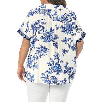 Women's Plus Size Shirts Button Collared V Neck Roll Short Sleeve Floral Print Elegant Summer Tops