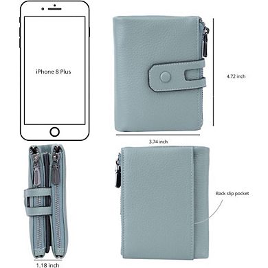 AKSZRI Small Soft Leather RFID Wallet - Double Zipper Pocket for Women