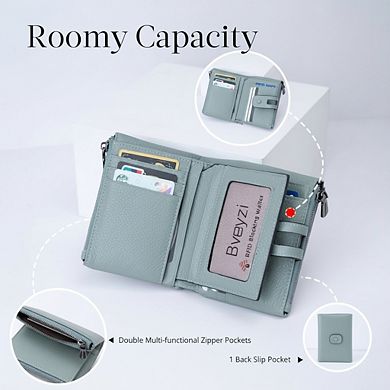 AKSZRI Small Soft Leather RFID Wallet - Double Zipper Pocket for Women