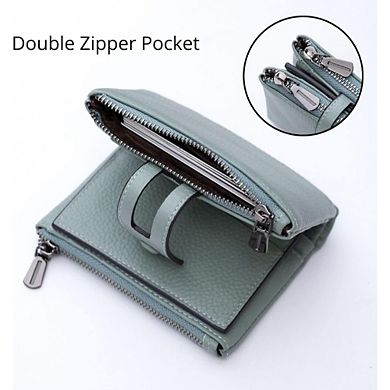AKSZRI Small Soft Leather RFID Wallet - Double Zipper Pocket for Women
