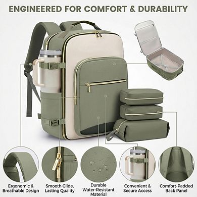 AKSZRI 40L Airline-Approved Travel Backpack with 3 Packing Cubes, Waterproof, Fits 17" Laptop
