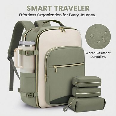 AKSZRI 40L Airline-Approved Travel Backpack with 3 Packing Cubes, Waterproof, Fits 17" Laptop