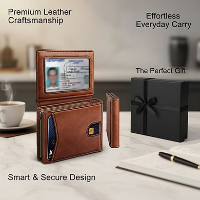AKSZRI Slim RFID Leather Wallet - 11 Slot Front Pocket Card Holder & Gift
