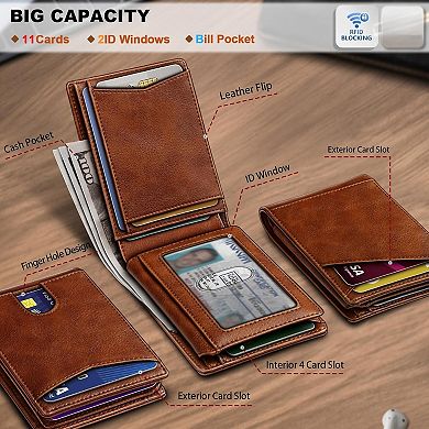 AKSZRI Slim RFID Leather Wallet - 11 Slot Front Pocket Card Holder & Gift