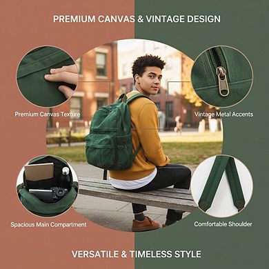 AKSZRI Vintage Green Canvas Backpack - Laptop Bag for School & Travel