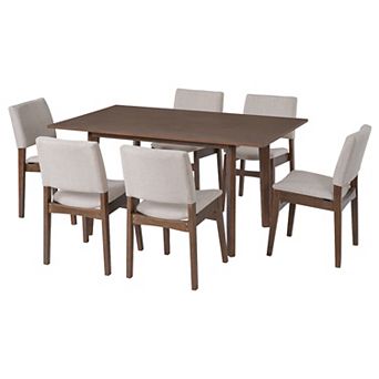Merax 7 pc Modern Dining Set - Rectangular Solid Wood Table & Upholstered Linen Chairs