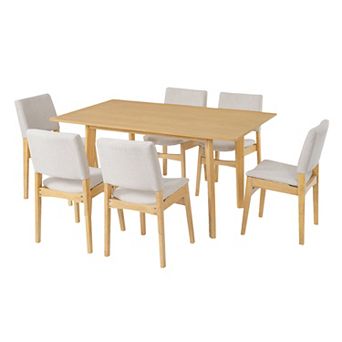 Merax 7 pc Modern Dining Set - Rectangular Solid Wood Table & Upholstered Linen Chairs