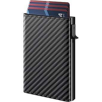 AKSZRI Pop-Up Aluminum Wallet - RFID Blocking Leather Card Case with ID Window & Cash Slot Carbon