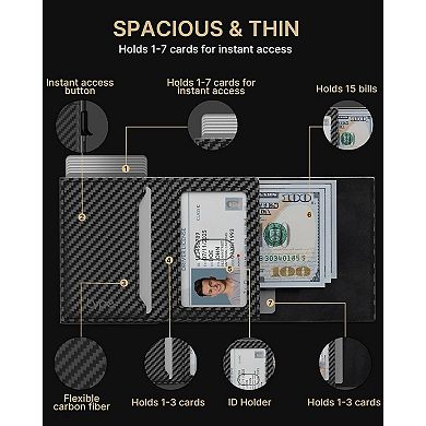 AKSZRI Pop-Up Aluminum Wallet - RFID Blocking Leather Card Case with ID Window & Cash Slot Carbon