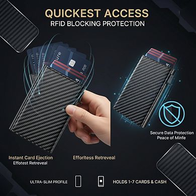 AKSZRI Pop-Up Aluminum Wallet - RFID Blocking Leather Card Case with ID Window & Cash Slot Carbon