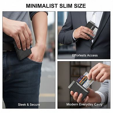 AKSZRI Pop-Up Aluminum Wallet - RFID Blocking Leather Card Case with ID Window & Cash Slot Carbon