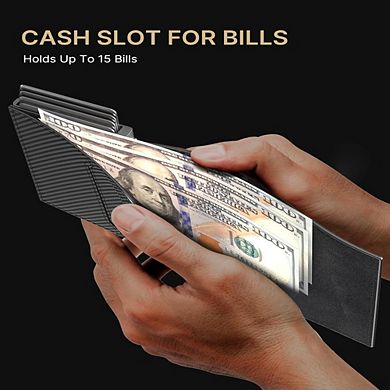AKSZRI Pop-Up Aluminum Wallet - RFID Blocking Leather Card Case with ID Window & Cash Slot Carbon