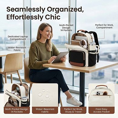 AKSZRI 15.6" Women's Waterproof Laptop Backpack with Large Cup Pocket for Work, Travel & College