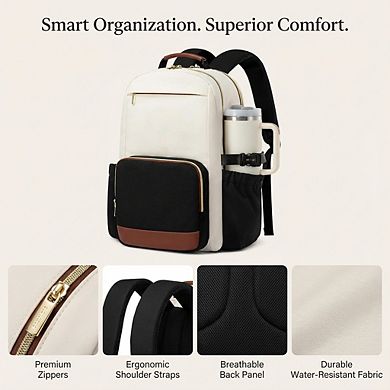 AKSZRI 15.6" Women's Waterproof Laptop Backpack with Large Cup Pocket for Work, Travel & College