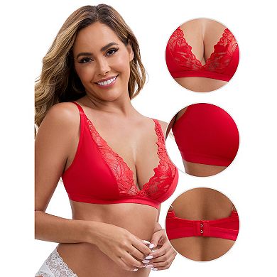 Women's Lace Trim Wirefree Lingerie Push Up Adjustable Spaghetti Straps Deep V Soft Bras