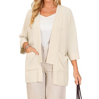 Women's Fall Linen Cardigan 3/4 Sleeve Open Front Loose Fit Lightweight Shrug with Pockets