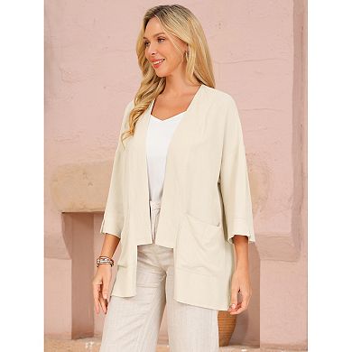 Women's Fall Linen Cardigan 3/4 Sleeve Open Front Loose Fit Lightweight Shrug with Pockets