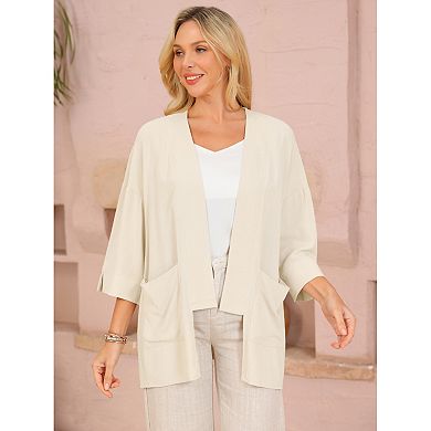 Women's Fall Linen Cardigan 3/4 Sleeve Open Front Loose Fit Lightweight Shrug with Pockets