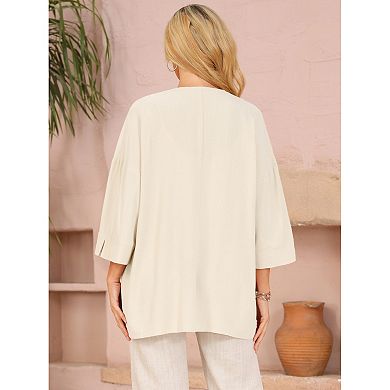 Women's Fall Linen Cardigan 3/4 Sleeve Open Front Loose Fit Lightweight Shrug with Pockets