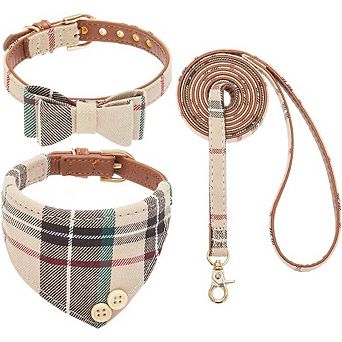 Classic Plaid Dog Collar Leash Bowtie Set
