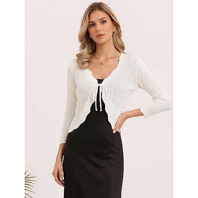 Tie Front Shrug Sweater for Women Crop Cardigan Knit 3/4 Sleeve Open Front Casual Elegant Cardigans