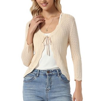 Tie Front Shrug Sweater for Women Crop Cardigan Knit 3/4 Sleeve Open Front Casual Elegant Cardigans