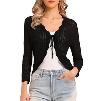 Tie Front Shrug Sweater for Women Crop Cardigan Knit 3/4 Sleeve Open Front Casual Elegant Cardigans