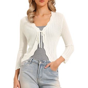 Tie Front Shrug Sweater for Women Crop Cardigan Knit 3/4 Sleeve Open Front Casual Elegant Cardigans