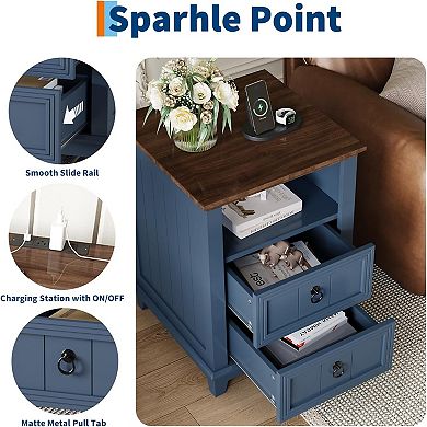18" Wood Nightstand with USB Charging Station Set of 2 Modern Fluted Night Stand Bedside End Table