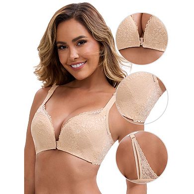 Women's Lace Front Closure Deep V-Neck Wirefree Minimizers Lift Up Adjustable Spaghetti Straps Bras