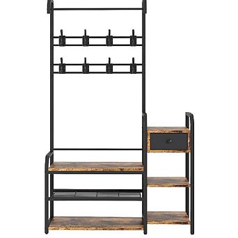 5-in-1 Retro Hall Tree, Shoe Bench, Storage Drawer, Coat Rack & 8 Hooks for Entryway