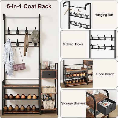 5-in-1 Retro Hall Tree, Shoe Bench, Storage Drawer, Coat Rack & 8 Hooks for Entryway