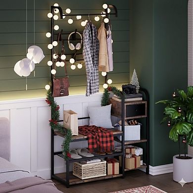 5-in-1 Retro Hall Tree, Shoe Bench, Storage Drawer, Coat Rack & 8 Hooks for Entryway