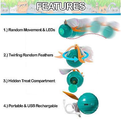 Automatic Interactive Cat Toy Ball Motion Activated LED, Twirling Feathers & Catnip Compartment