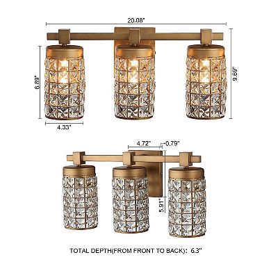 20" Aged Brass Crystal 3-Light Bathroom Vanity Lights Wall Sconce