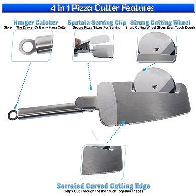 4-in-1 Stainless Steel Pizza Cutter Wheel with Serving Spatula Clamp and Dishwasher Safe