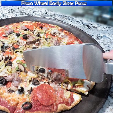4-in-1 Stainless Steel Pizza Cutter Wheel with Serving Spatula Clamp and Dishwasher Safe