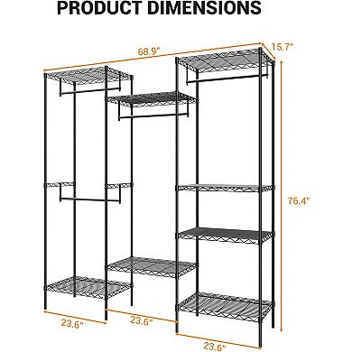 Heavy Duty Metal Clothing Rack with 4 Rods & 8 Shelves, Adjustable Freestanding Wardrobe