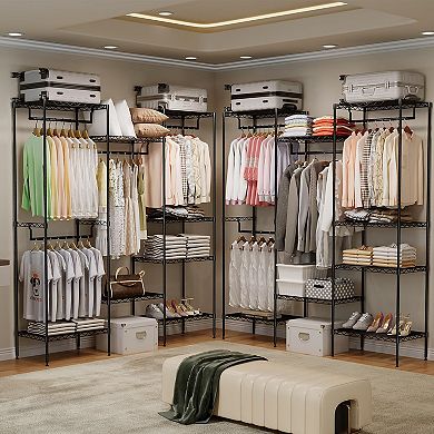 Heavy Duty Metal Clothing Rack with 4 Rods & 8 Shelves, Adjustable Freestanding Wardrobe