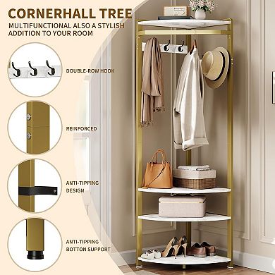 Corner Hall Tree with Bench & Shoe Storage, 6 Double Hooks for Entryway, Hallway, Closet