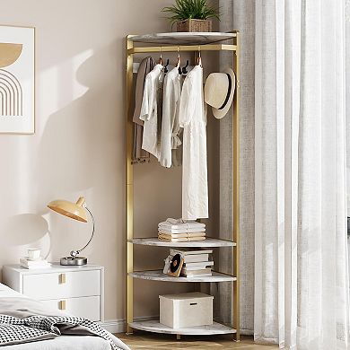 Corner Hall Tree with Bench & Shoe Storage, 6 Double Hooks for Entryway, Hallway, Closet