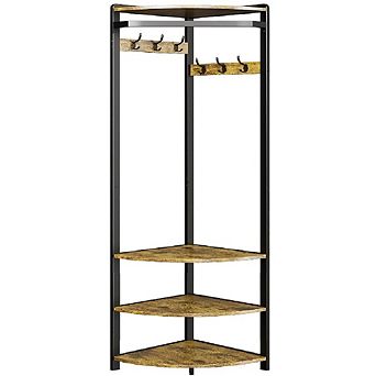 Corner Hall Tree with Bench & Shoe Storage, 6 Double Hooks for Entryway, Hallway, Closet