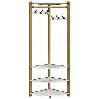 Corner Hall Tree with Bench & Shoe Storage, 6 Double Hooks for Entryway, Hallway, Closet