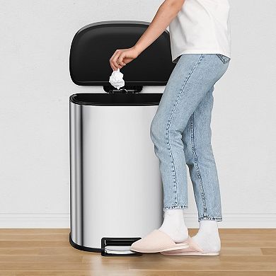 D-Shape Stainless Steel Trash Can, 13 Gallon Hands-Free with Soft-Close Lid & Foot Pedal